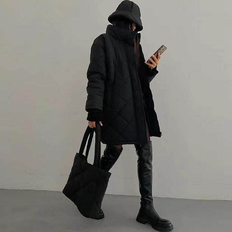 Diamond Quilted Long Sleeve Longline Puffer Jacket - Black 2