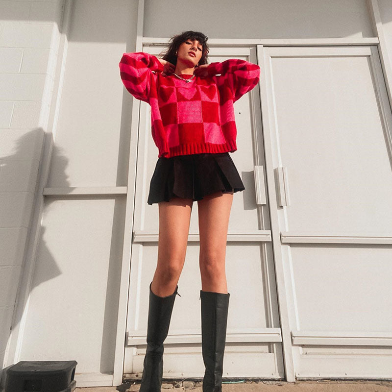 Heart Checkered Pattern Long Sleeve Sweater - Red 3