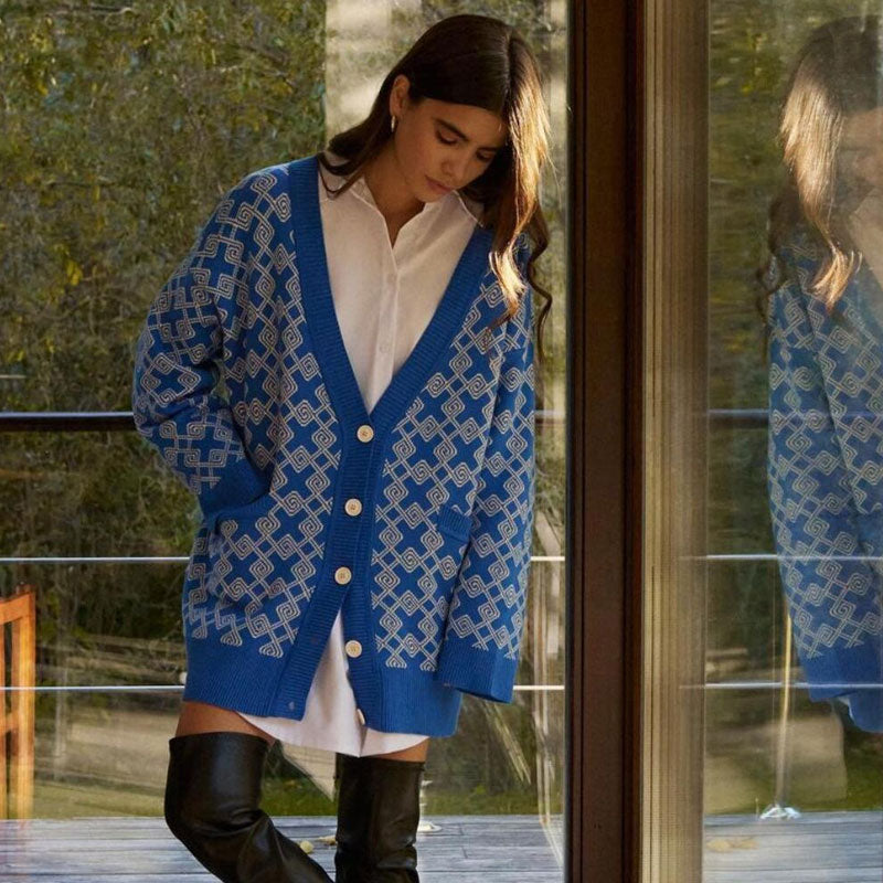 Print V Neck Button Up Long Sleeve Ribbed Cardigan - Blue 2