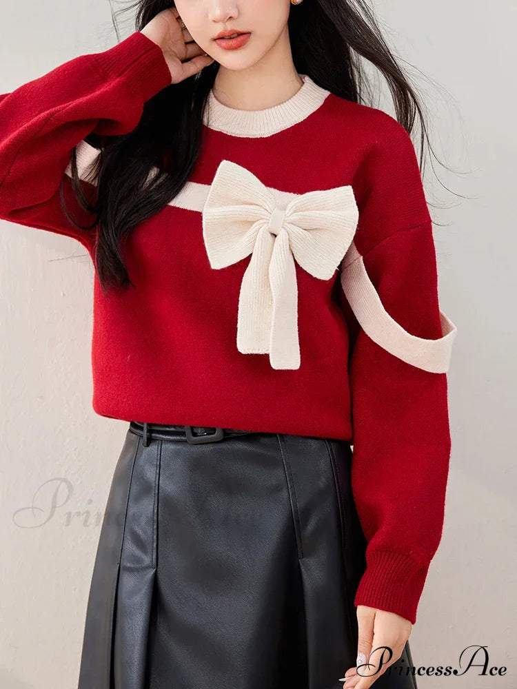 Oversized Red Bow Winter Patchwork Soft Long Sleeve Christmas Sweater