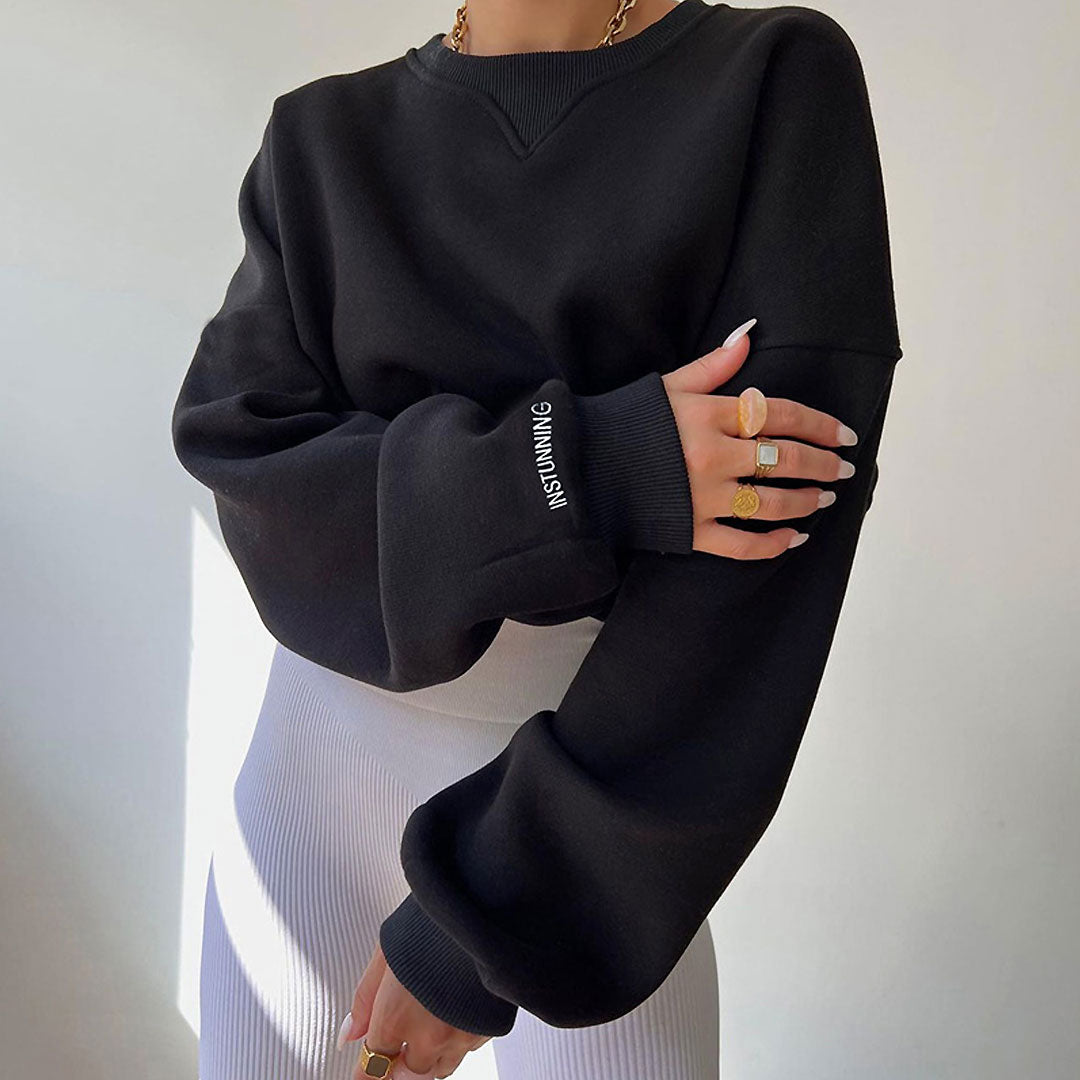 Lettering Trim Drop Shoulder Long Sleeve Sweatshirt - Black