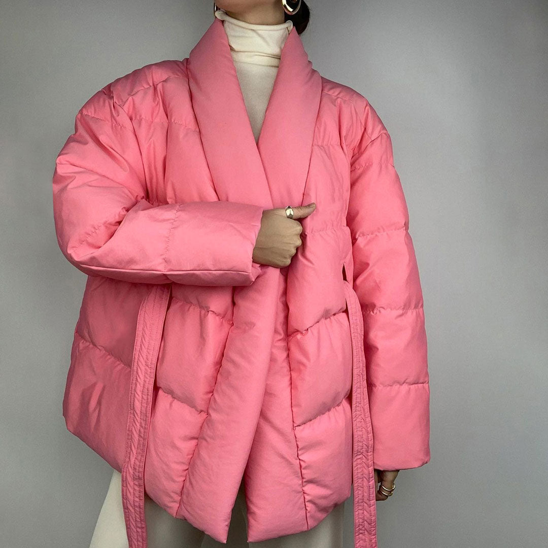 Shawl Collar Long Sleeve Belted Puffer Jacket - Coral Pink