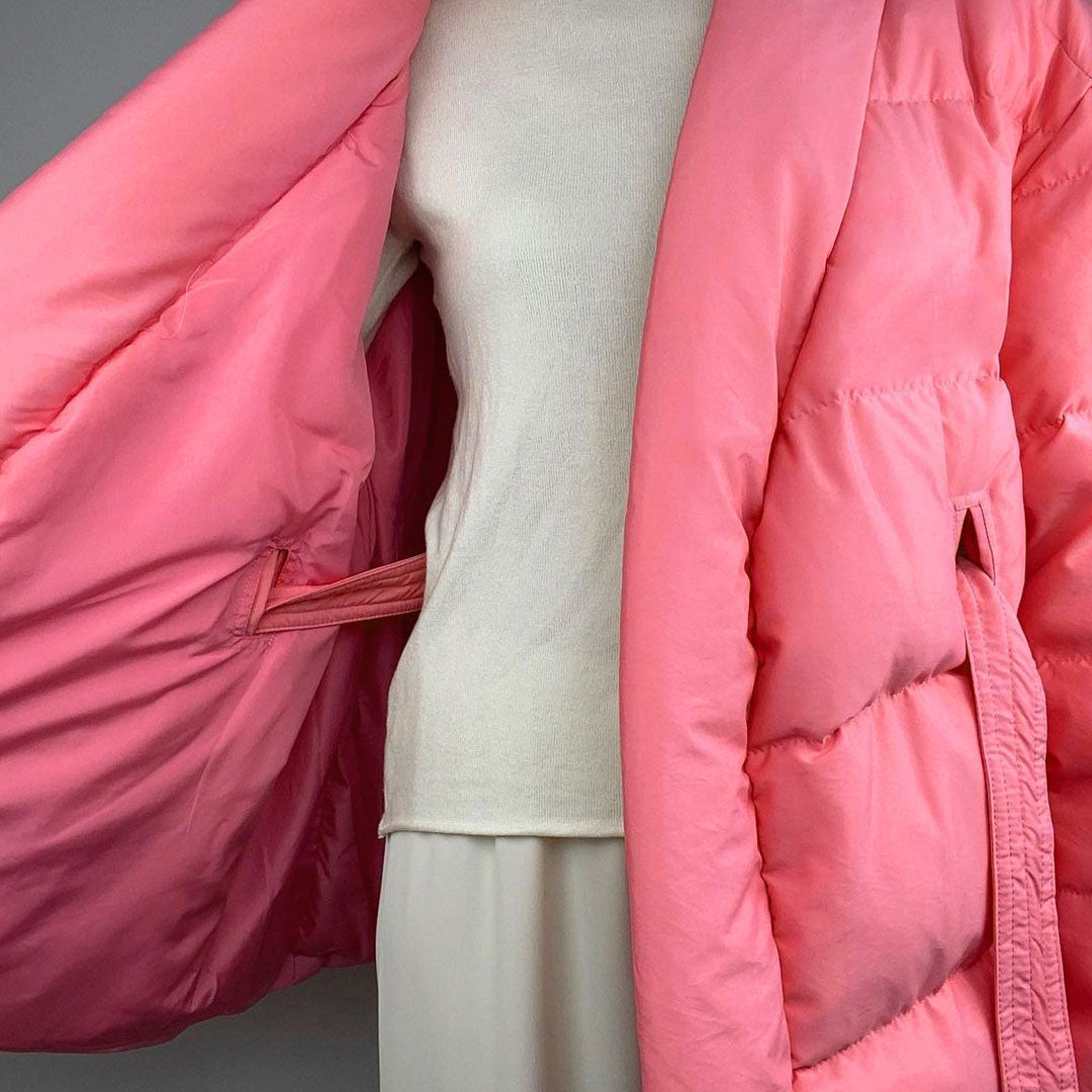 Shawl Collar Long Sleeve Belted Puffer Jacket - Coral Pink