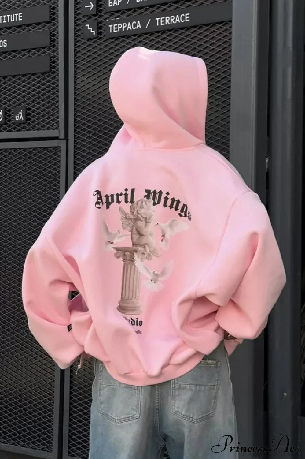 Oversized Street Casual Angel Print Zip-Up Hoodie
