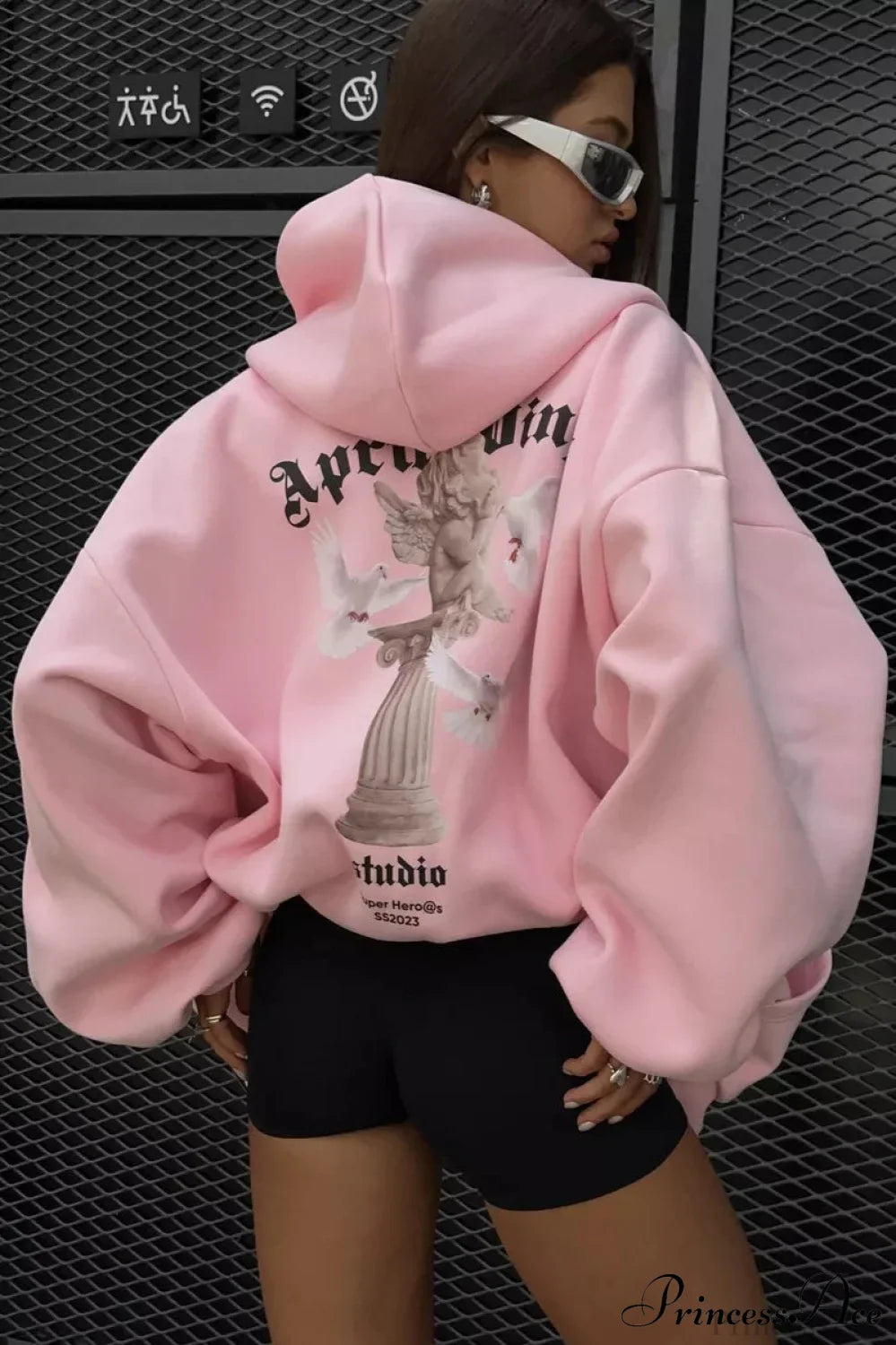 Oversized Street Casual Angel Print Zip-Up Hoodie Pink / S