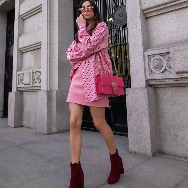 Oversized Stripe Print Button Down Long Sleeve Pointed Collar Shirt - Pink - Fashionpara