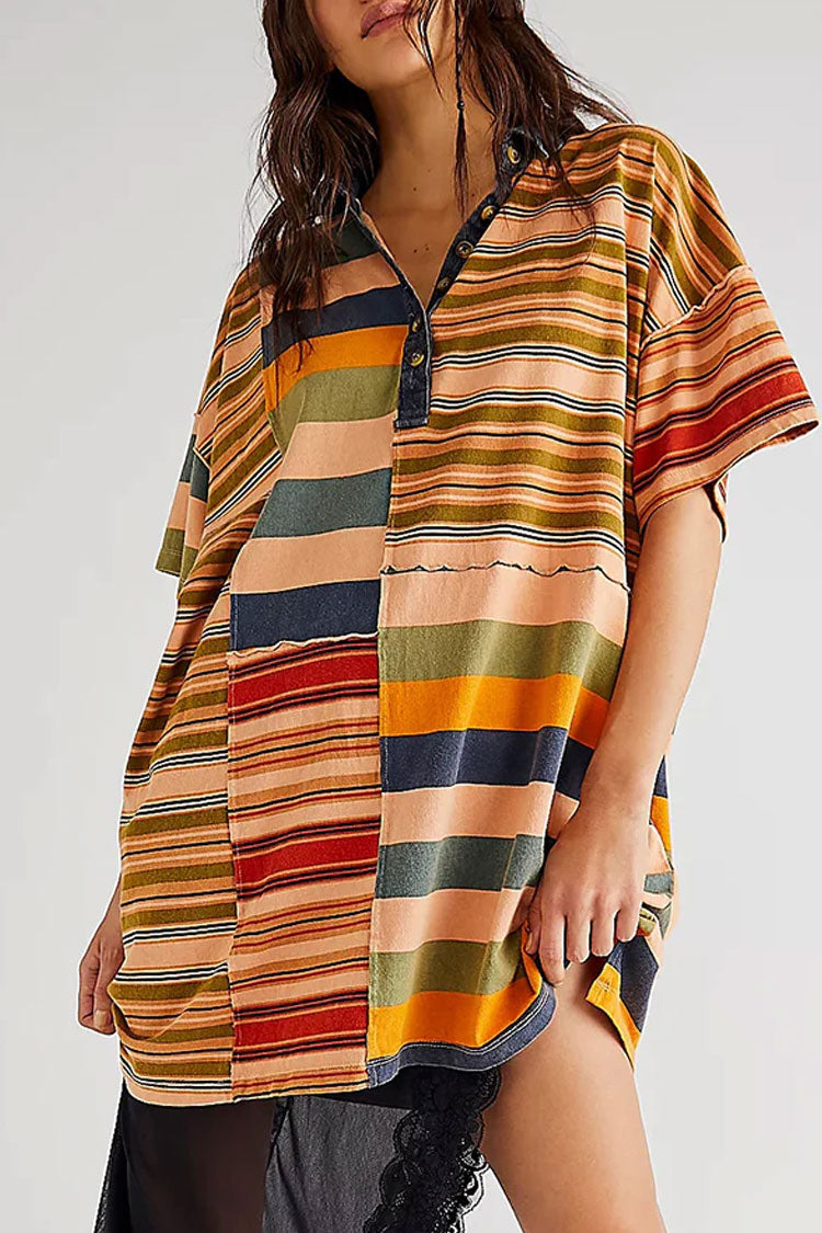 Oversized Stripe Print Patchwork Denim Collar Short Sleeve Mini T Shirt Dress