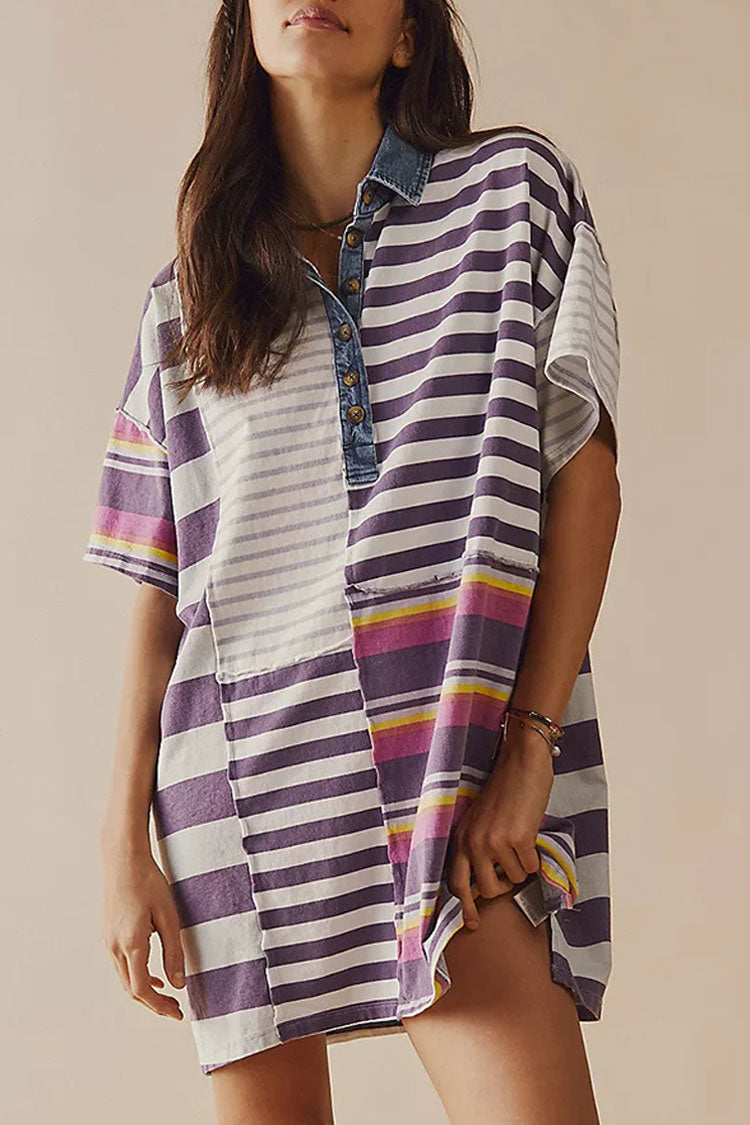 Oversized Stripe Print Patchwork Denim Collar Short Sleeve Mini T Shirt Dress