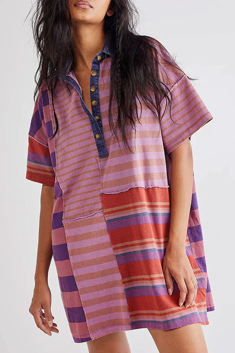 Oversized Stripe Print Patchwork Denim Collar Short Sleeve Mini T Shirt Dress