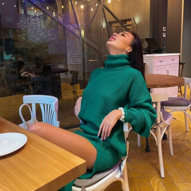 Emerald Green Oversized Turtleneck Sweater Midi Skirt Set