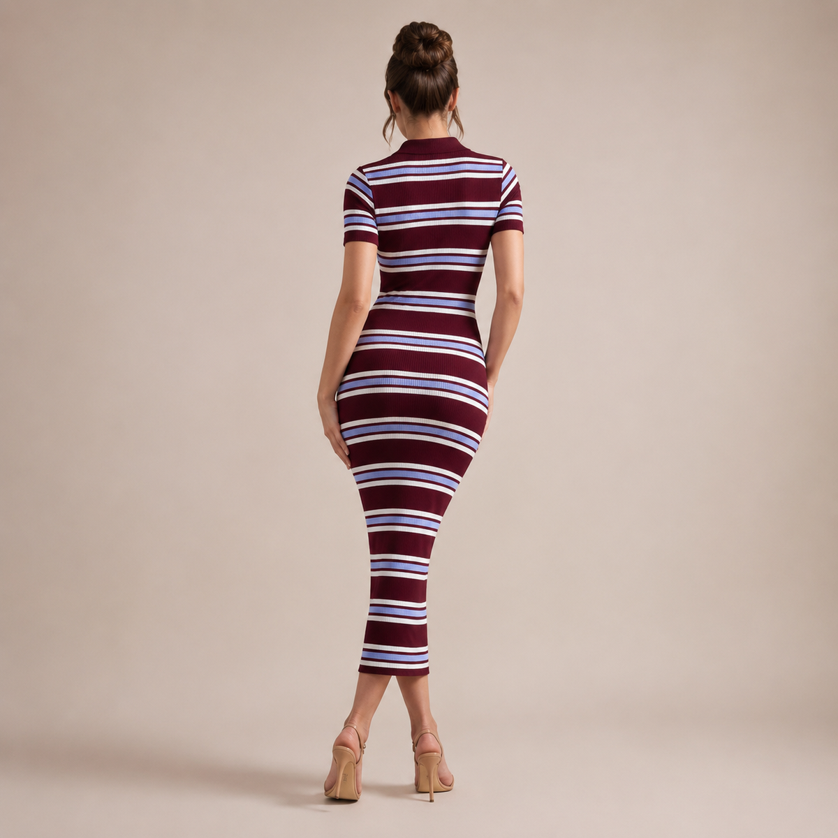 Striped Ribbed Knit Polo Collar Short Sleeve Bodycon Midi Dress 3