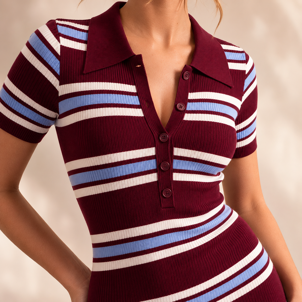 Striped Ribbed Knit Polo Collar Short Sleeve Bodycon Midi Dress 2