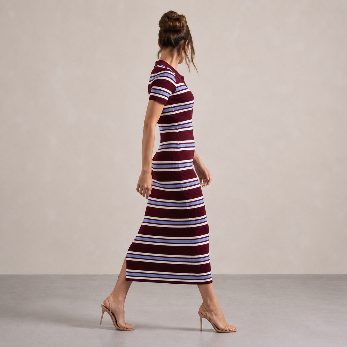 Striped Ribbed Knit Polo Collar Short Sleeve Bodycon Midi Dress 4