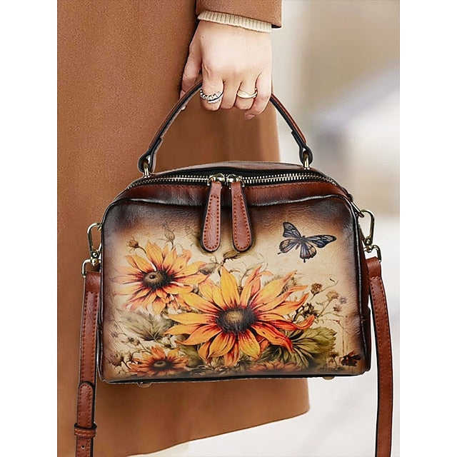 Sunflower Print Vintage with Handbag Leather and Butterfly