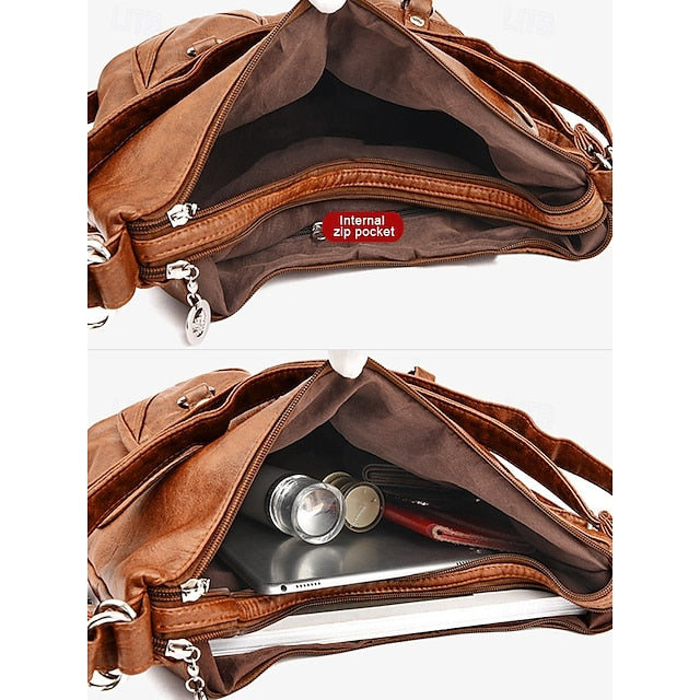 Brown Leather Bag Multiple Faux Pockets with Hobo