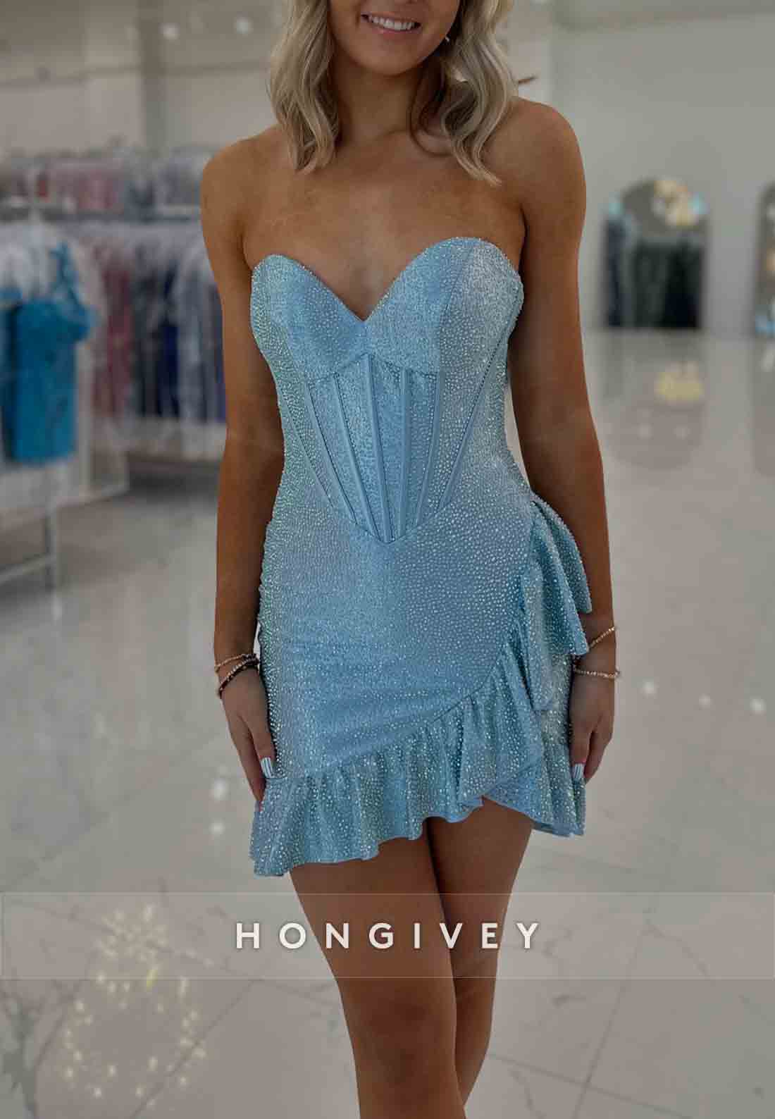 Blue Sweetheart Ruched Glitter Sheath Strapless Mini Homecoming Dresses