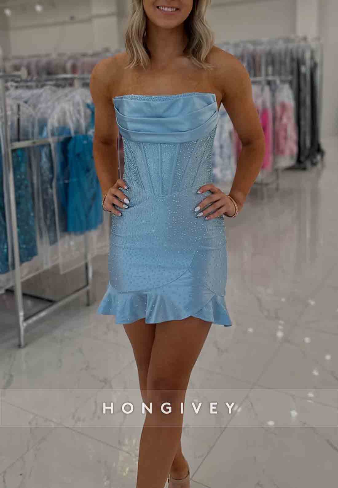 Strapless Ruched Column Pleated Beading Sleeveless Mini Homecoming Dresses