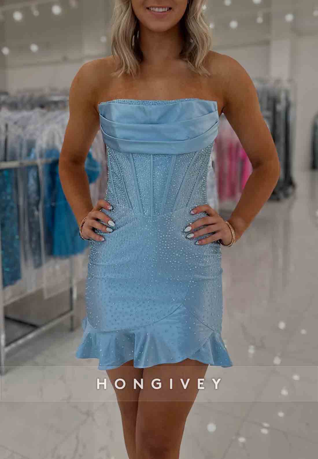Strapless Ruched Column Pleated Beading Sleeveless Mini Homecoming Dresses