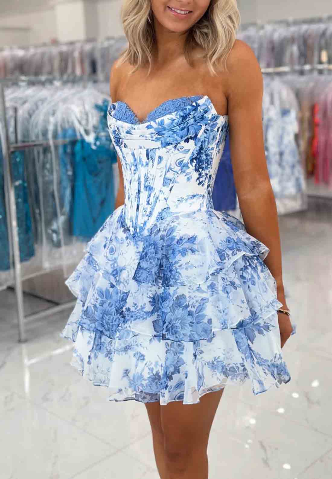 Floral Print Strapless Ruffles Sleeveless Pleated A-Line Short Homecoming dresses