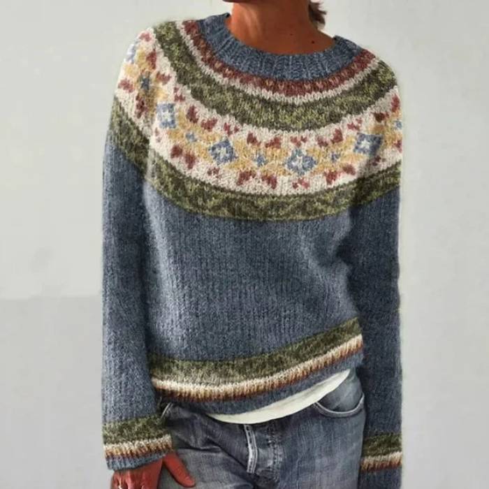 Fair Isle Yoke Round Neck Knit Sweater