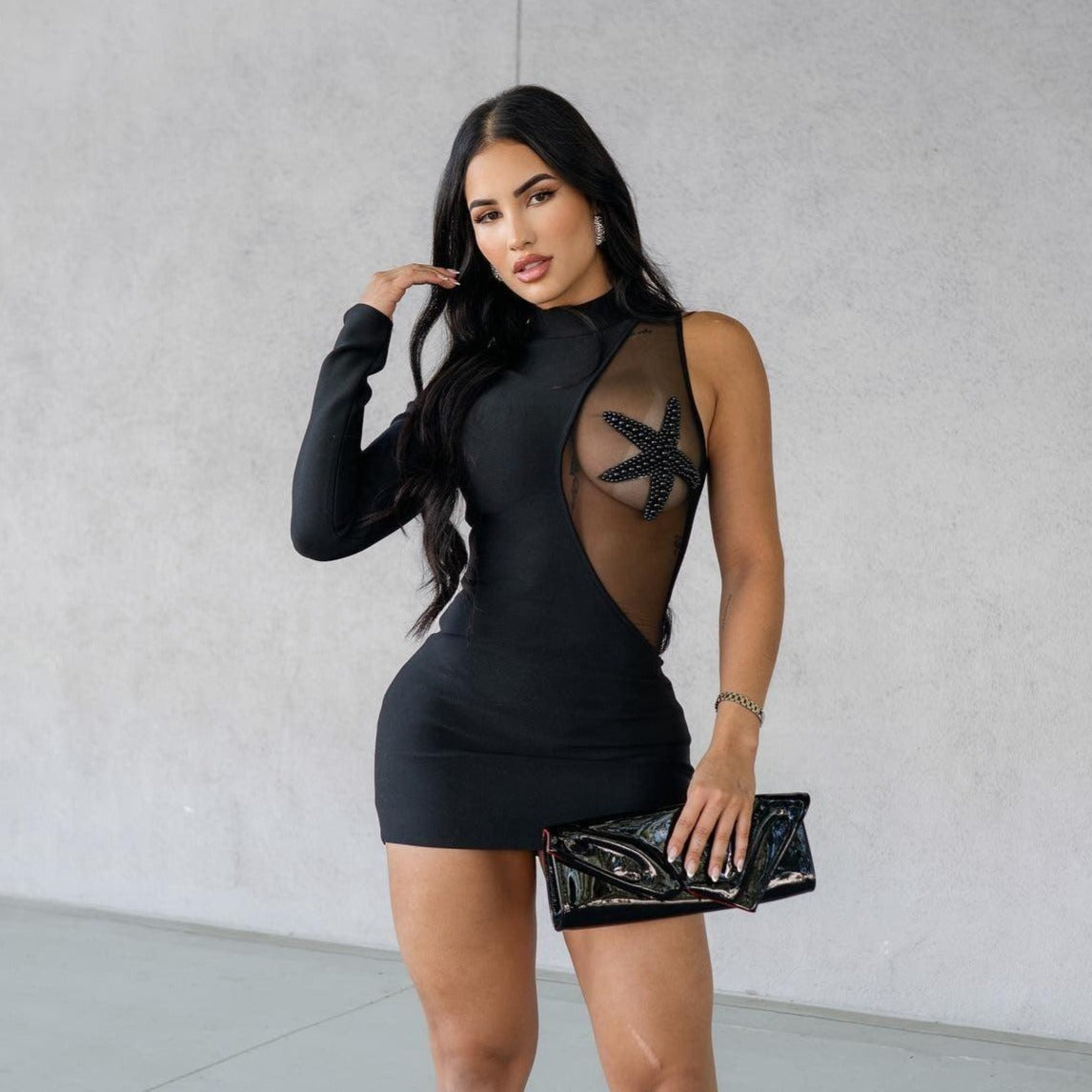 One Shoulder Long Sleeve Starfish Mesh Panel Bodycon Mini Dress