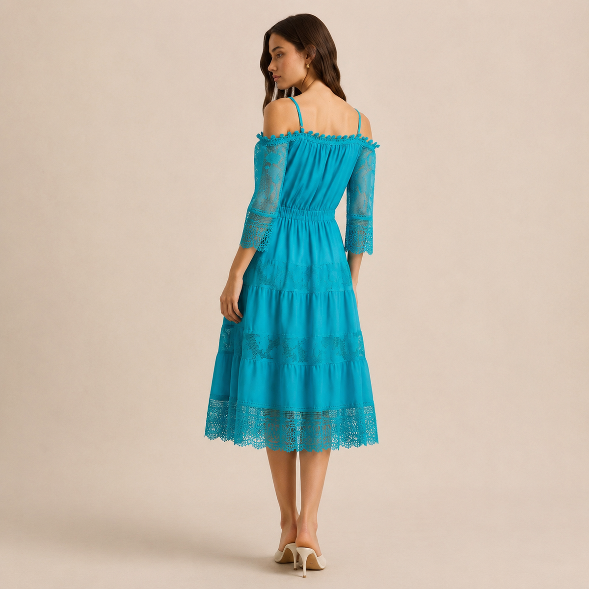 Off Shoulder Crochet Lace Trim Tiered Midi Dress 15