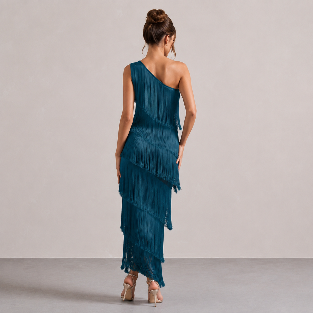One Shoulder Tiered Tassel Fringe Bodycon Maxi Dress 15