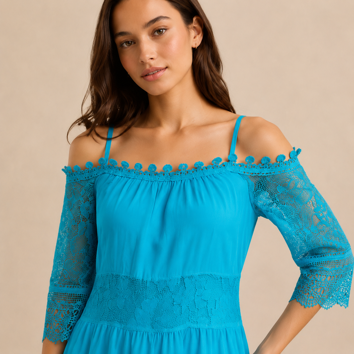 Off Shoulder Crochet Lace Trim Tiered Midi Dress 14