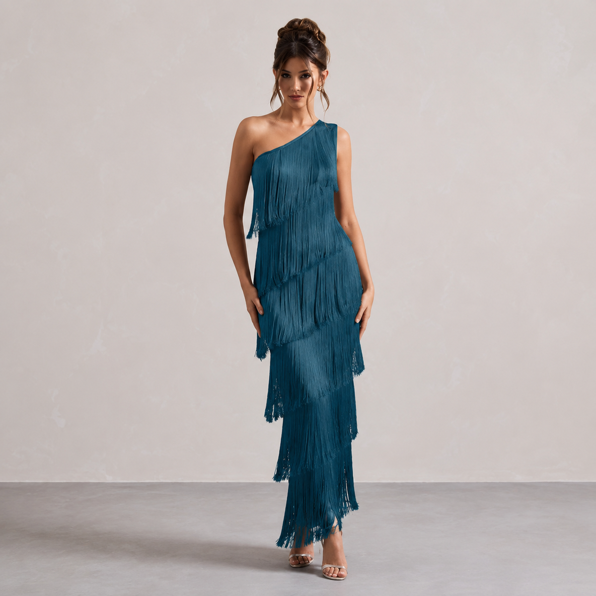 One Shoulder Tiered Tassel Fringe Bodycon Maxi Dress 13