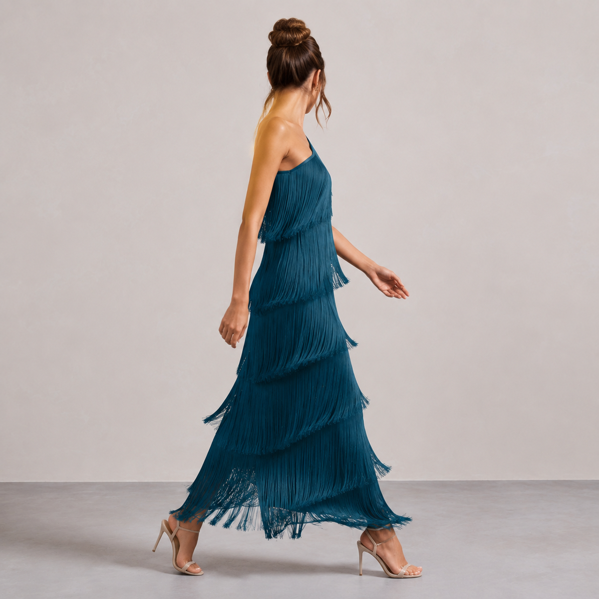 One Shoulder Tiered Tassel Fringe Bodycon Maxi Dress 16