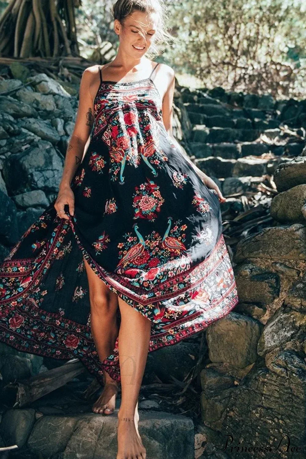 Peacock Floral Print Sleeveless Beach Bohemian Maxi Boho Dress