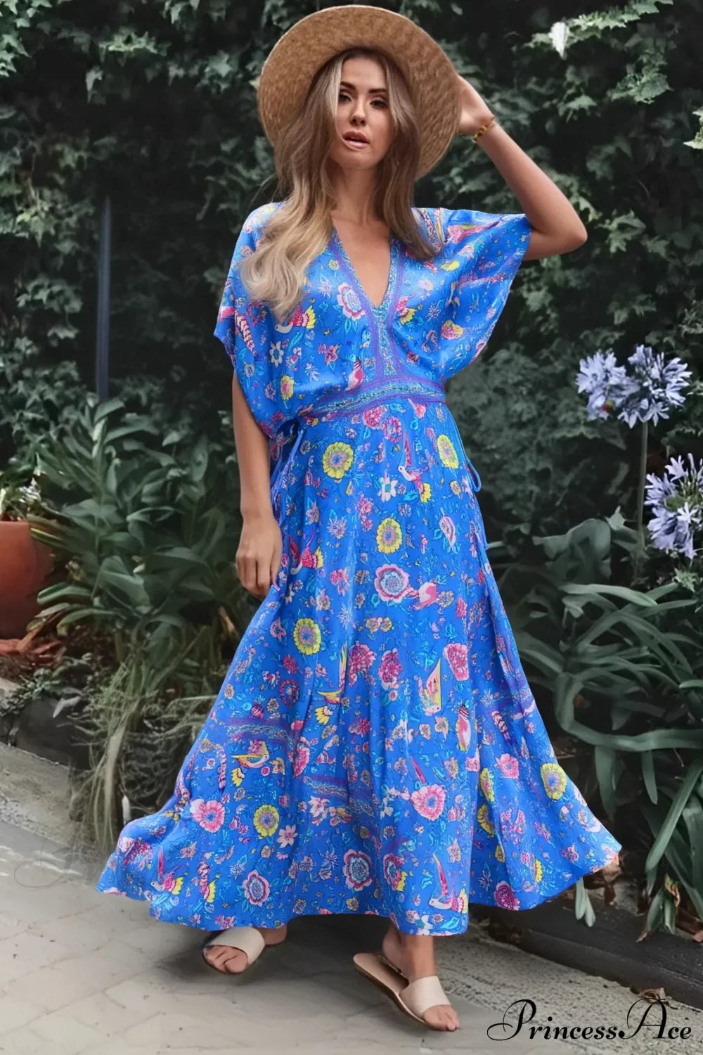 Peacock Floral Print V-neck Tassel Rayon Vacation Boho Dress Blue / S bohodress-250126