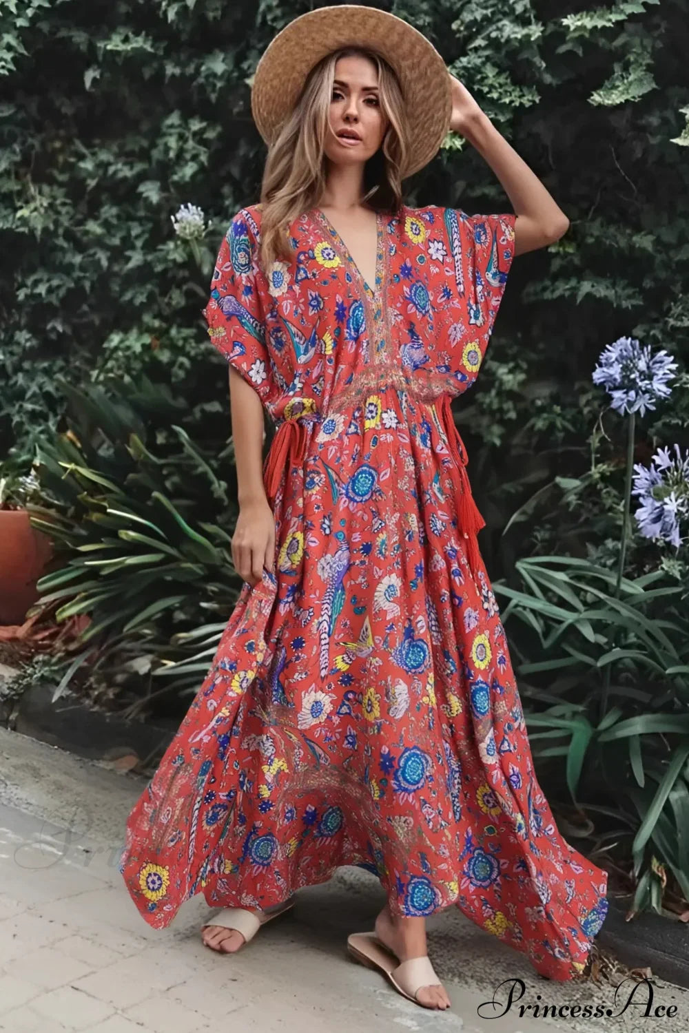 Peacock Floral Print V-neck Tassel Rayon Vacation Boho Dress Red / S bohodress-250126