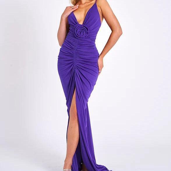 KittenAlarm - Pearl Spaghetti Strap Pleated Front Slit Maxi Dress