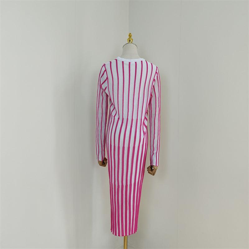 Striped Knit V-Neck Long Sleeve Button-Front Maxi Dress