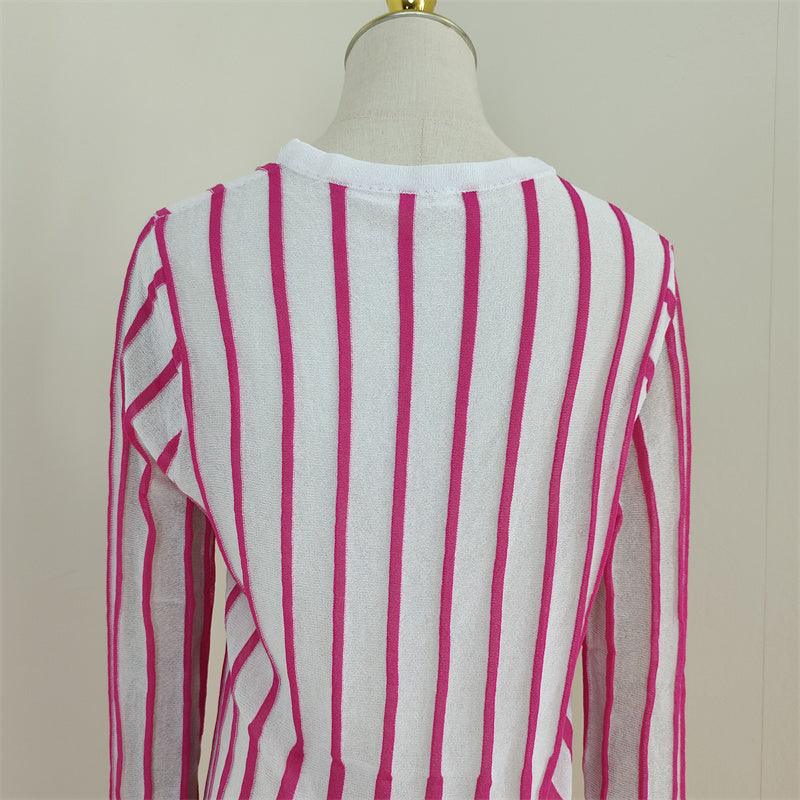 Striped Knit V-Neck Long Sleeve Button-Front Maxi Dress