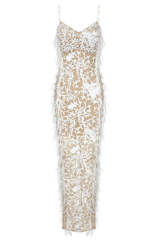 Sweetheart Spaghetti Strap Feather Trim Floral Maxi Dress - View 5