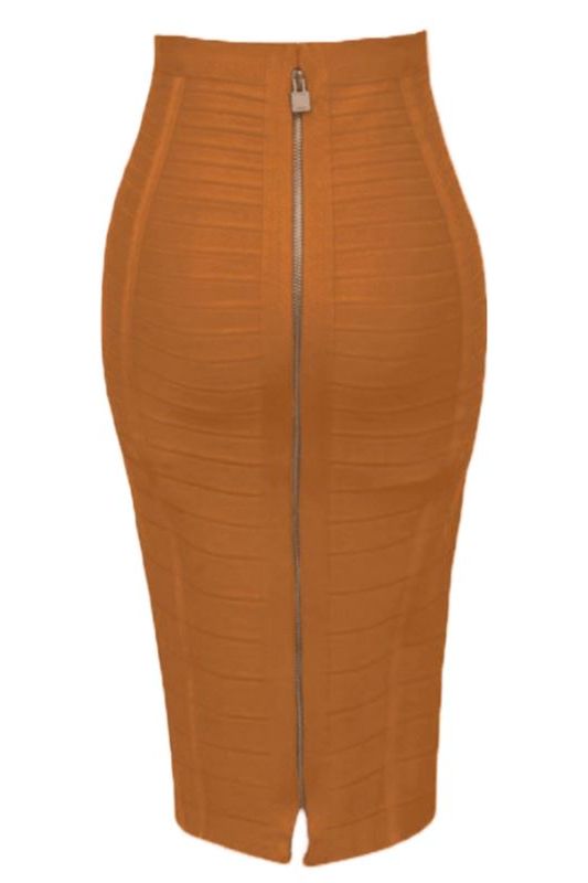 Pencil High Waist Bandage Knee Length Knitted Skirt - Tan Brown - Fashionpara