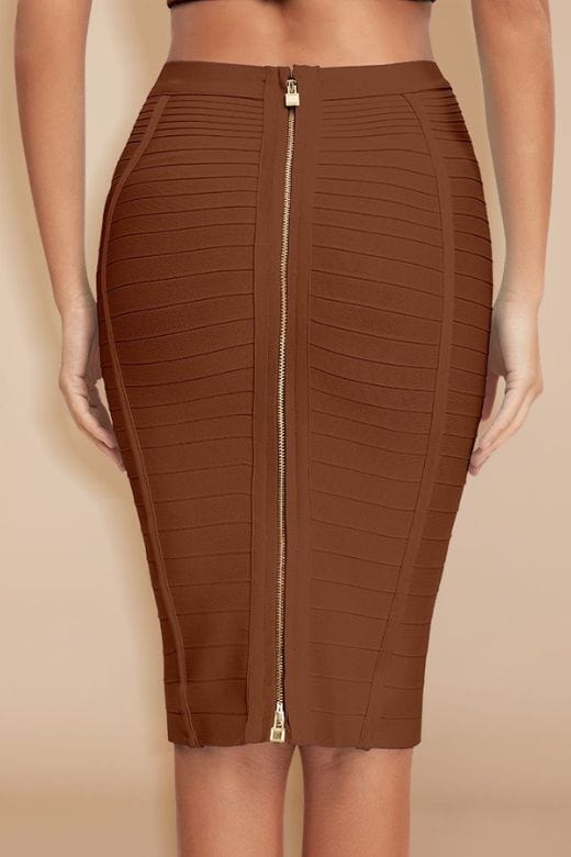 Pencil High Waist Bandage Knee Length Knitted Skirt - Tan Brown - Fashionpara