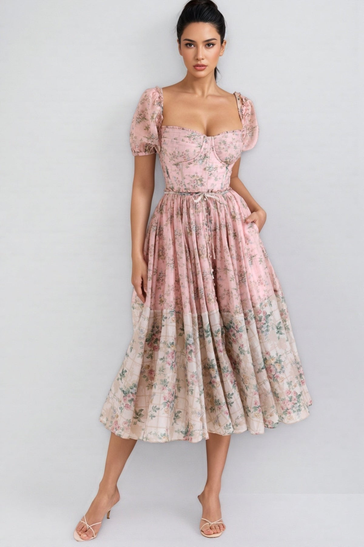 Floral Print Sweetheart Puff Sleeve Corset A-Line Midi Dress