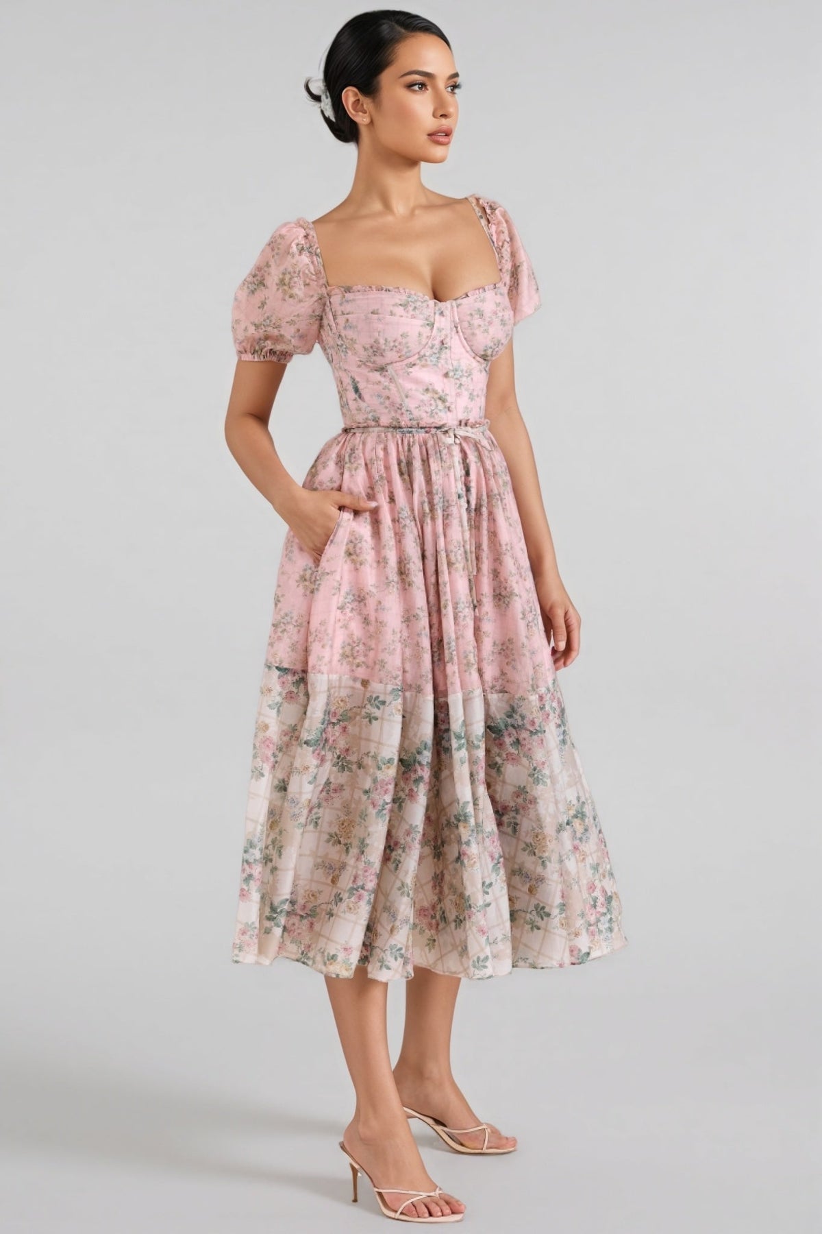 Floral Print Sweetheart Puff Sleeve Corset A-Line Midi Dress - View 3
