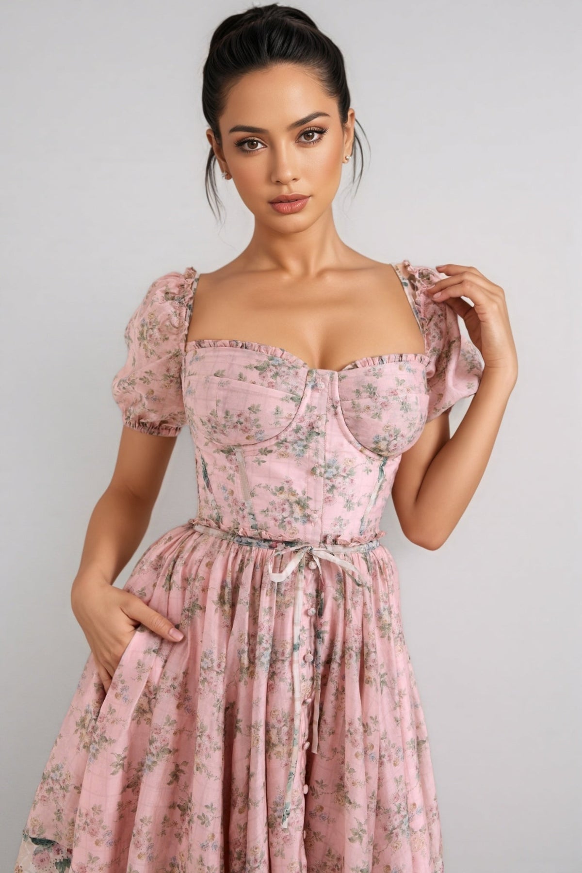 Floral Print Sweetheart Puff Sleeve Corset A-Line Midi Dress - View 2