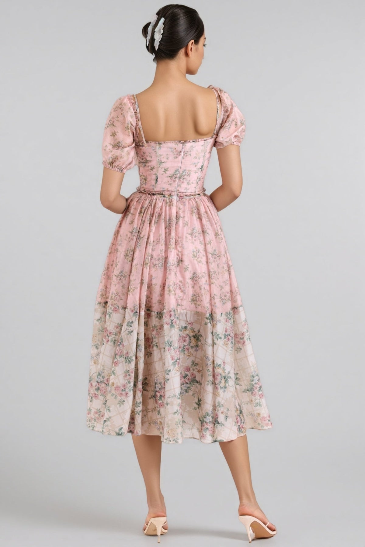 Floral Print Sweetheart Puff Sleeve Corset A-Line Midi Dress - View 4