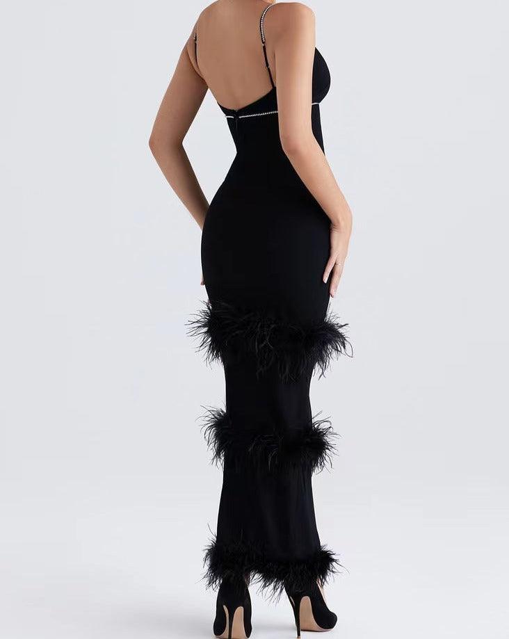 Penelope Sleeveless Deep V Neck Feather Maxi Dress - Fashionpara