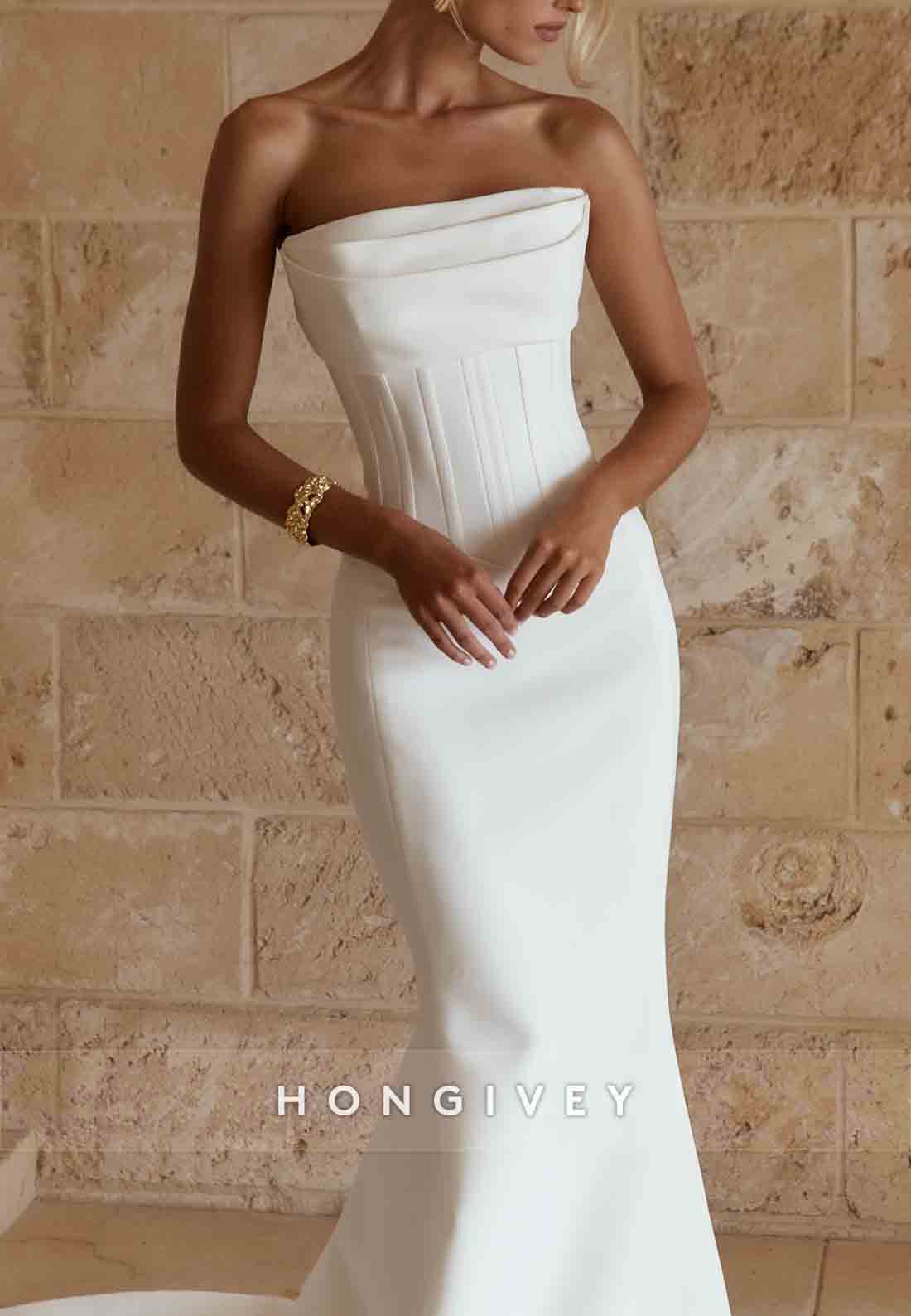 Simple Strapless Chapel Train Pleated Sleeveless Mermaid Wedding Dresses