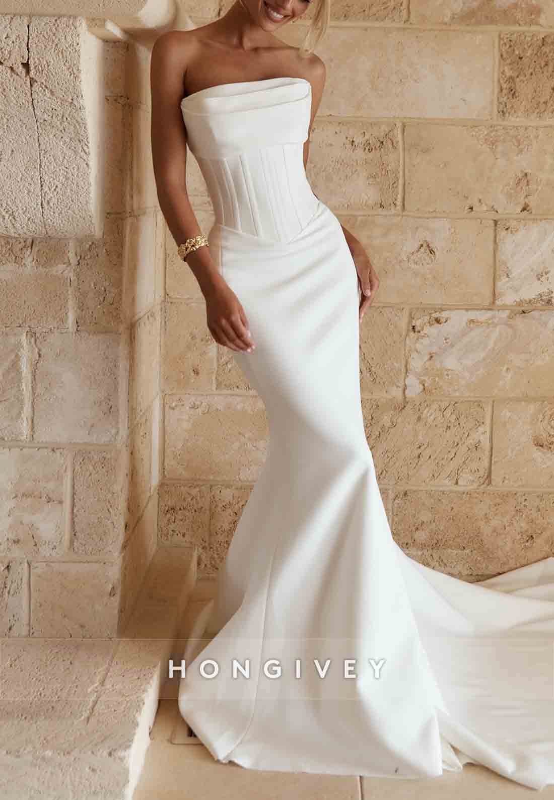 Simple Strapless Chapel Train Pleated Sleeveless Mermaid Wedding Dresses