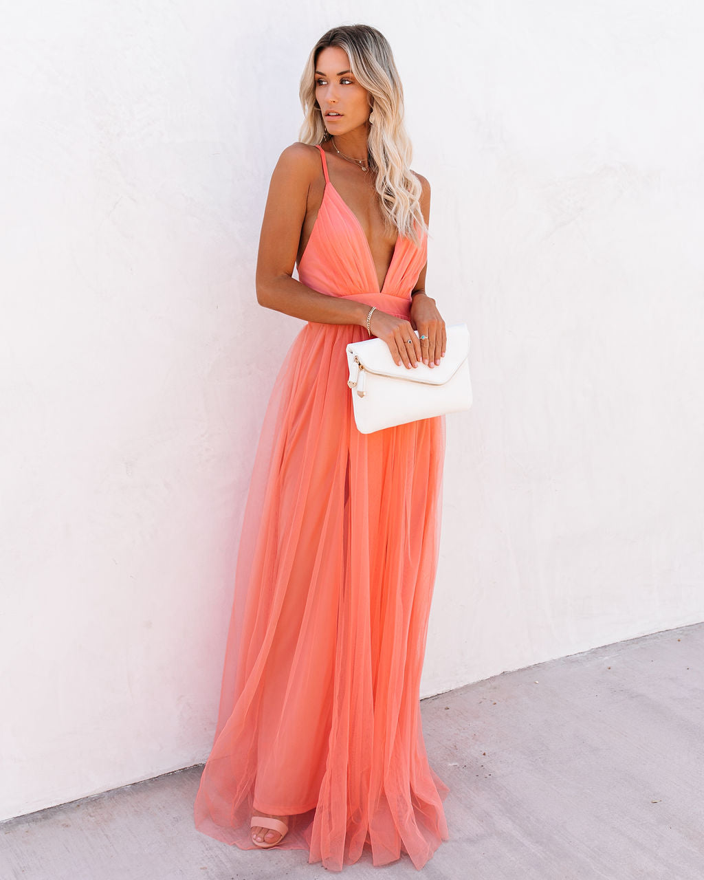 Tulle Plunge V-Neck Strappy Open Back Flowy Maxi Dress