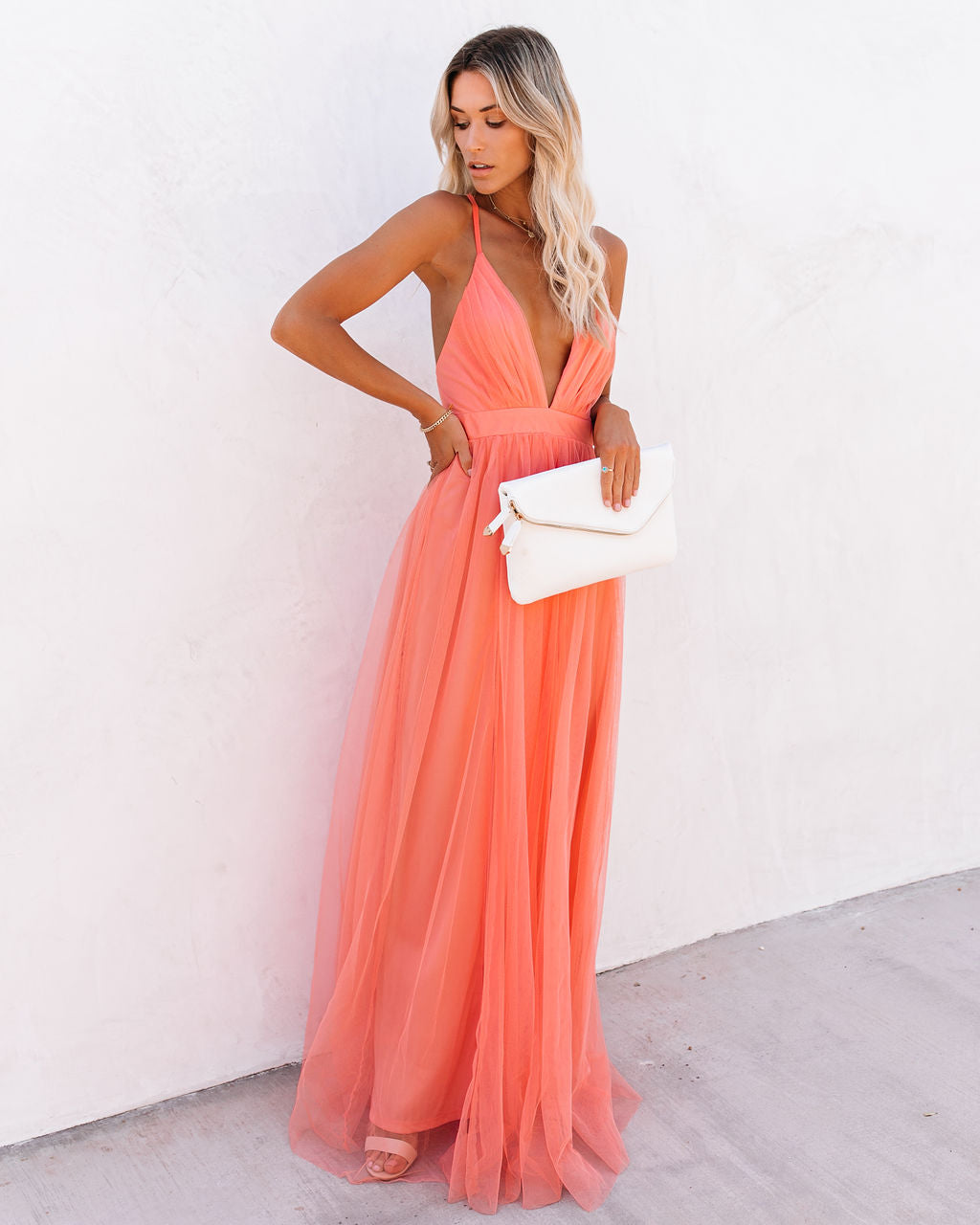 Tulle Plunge V-Neck Strappy Open Back Flowy Maxi Dress