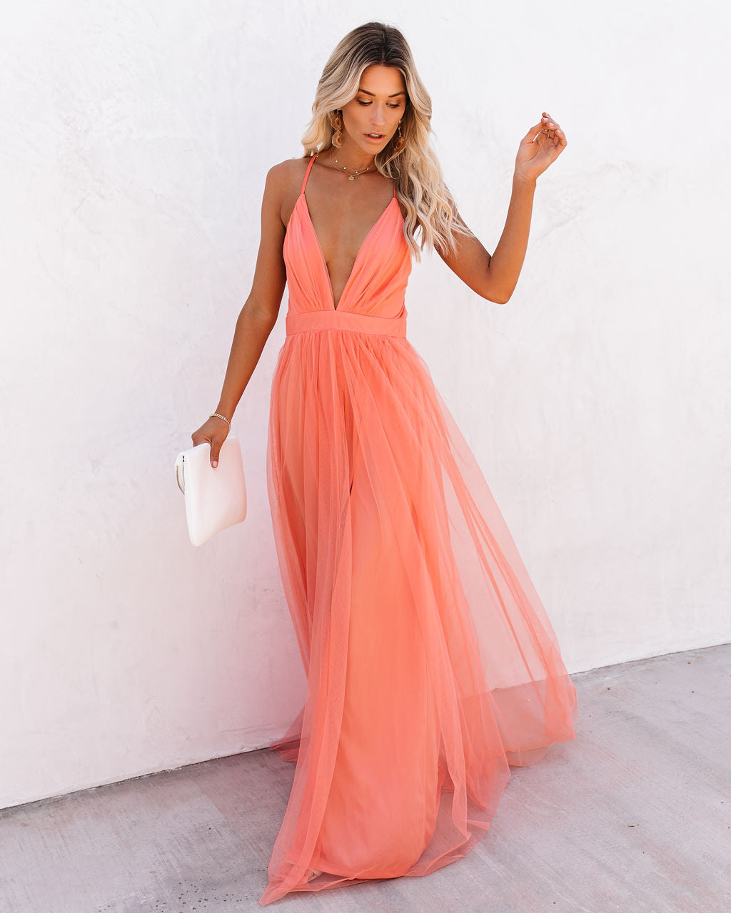 Tulle Plunge V-Neck Strappy Open Back Flowy Maxi Dress