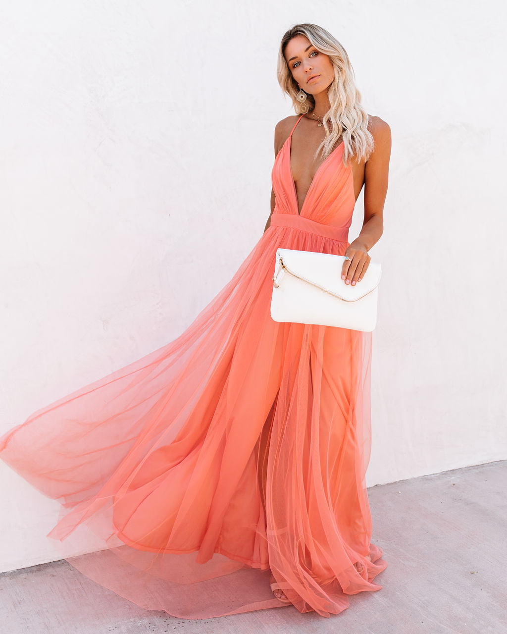 Tulle Plunge V-Neck Strappy Open Back Flowy Maxi Dress